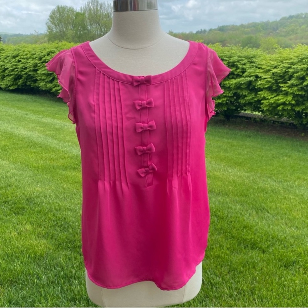 LC Lauren Conrad Sz XS Bow Blouse Pink Barbie Cottagecore ruffle flutter sleeve